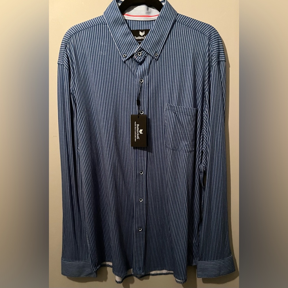 Buttercloth Men’s Blue/White Striped button down shirt. Size 2XL. New with tags.